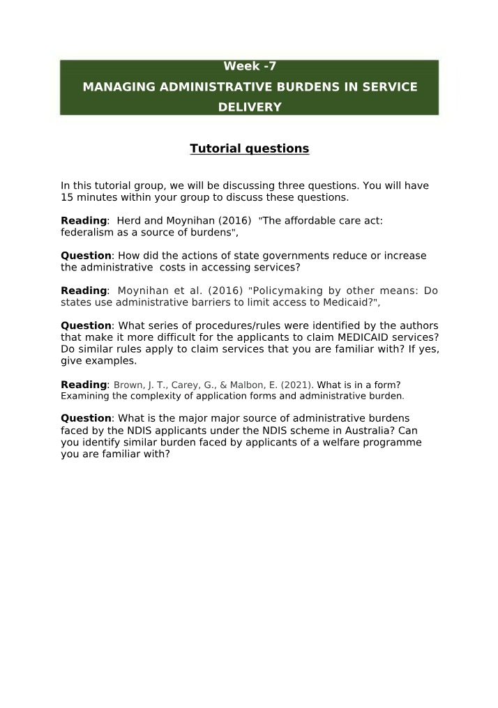 Administrative Burdens Tutorial Activity