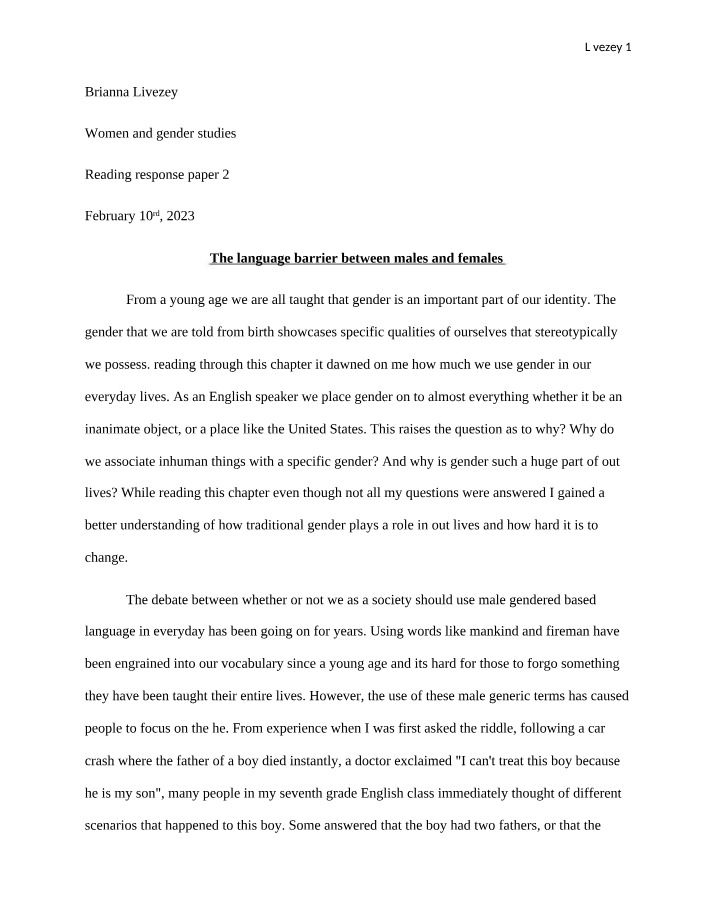 Language Barrier Between Males and Females - Reading Response Paper 2