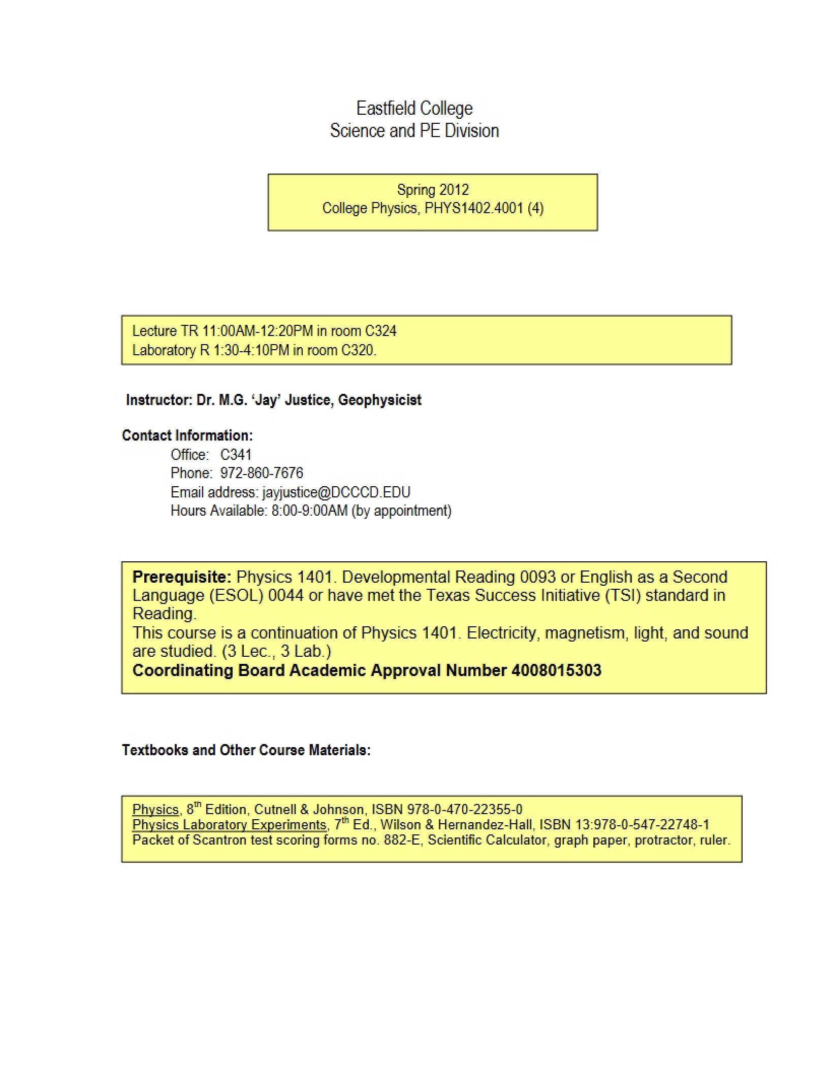 Syllabus for College Physics II