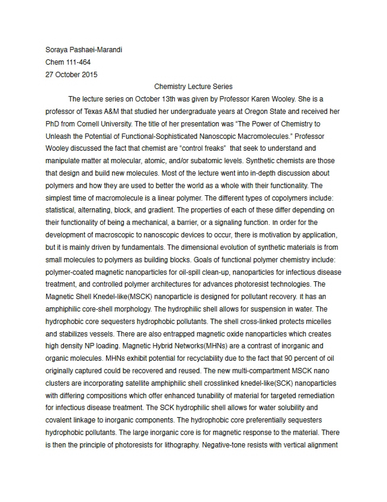 Paper on the Lecture Series for Fundamentals of Chemistry Lab I