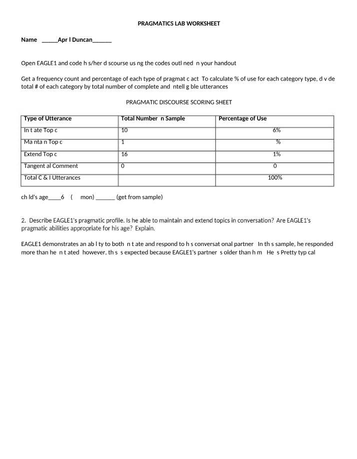 Lab Worksheet on Pragmatics