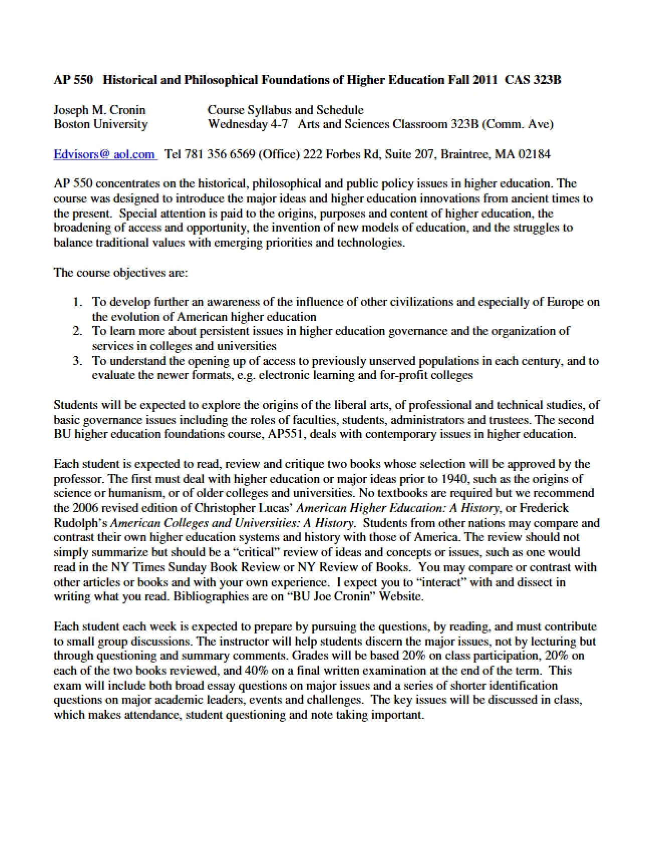 Syllabus for Historical and Philosophical Foundations of Higher Ed