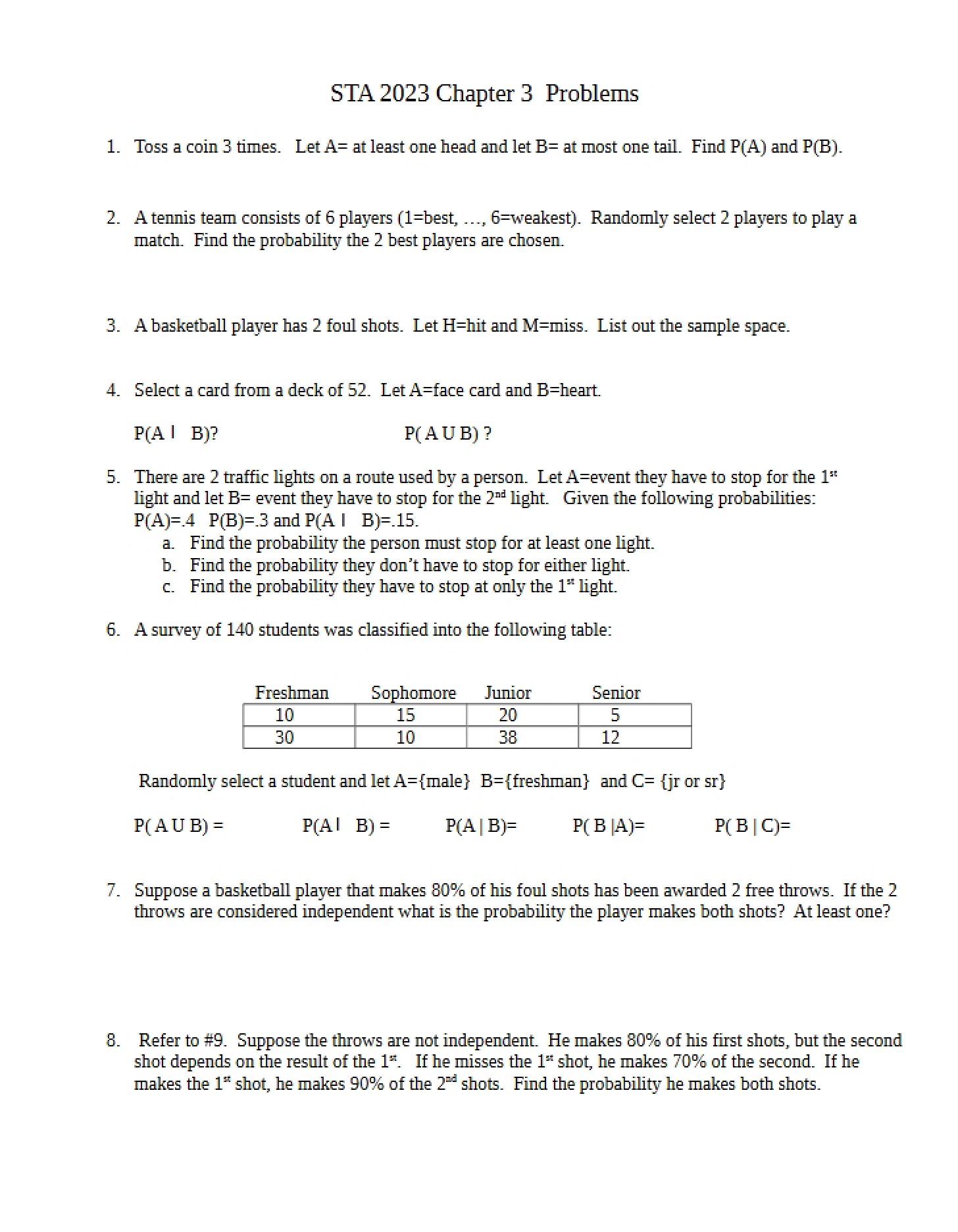 Chapter Problems for STA 2023