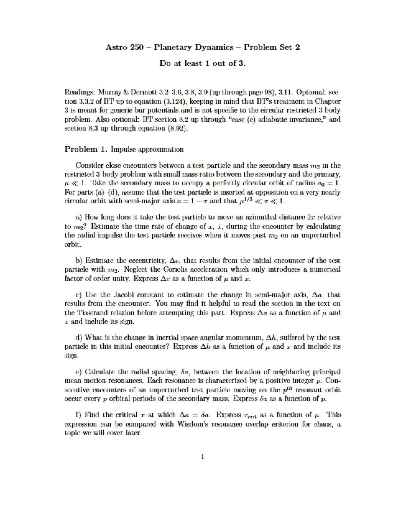 Problem Set 1 Planetary Dynamics