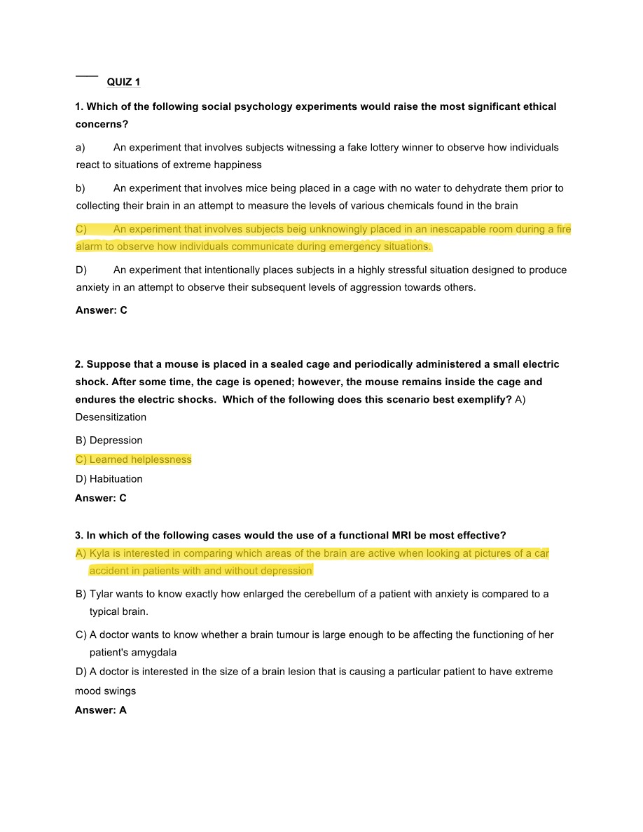Answers and Questions for Psychology Quiz