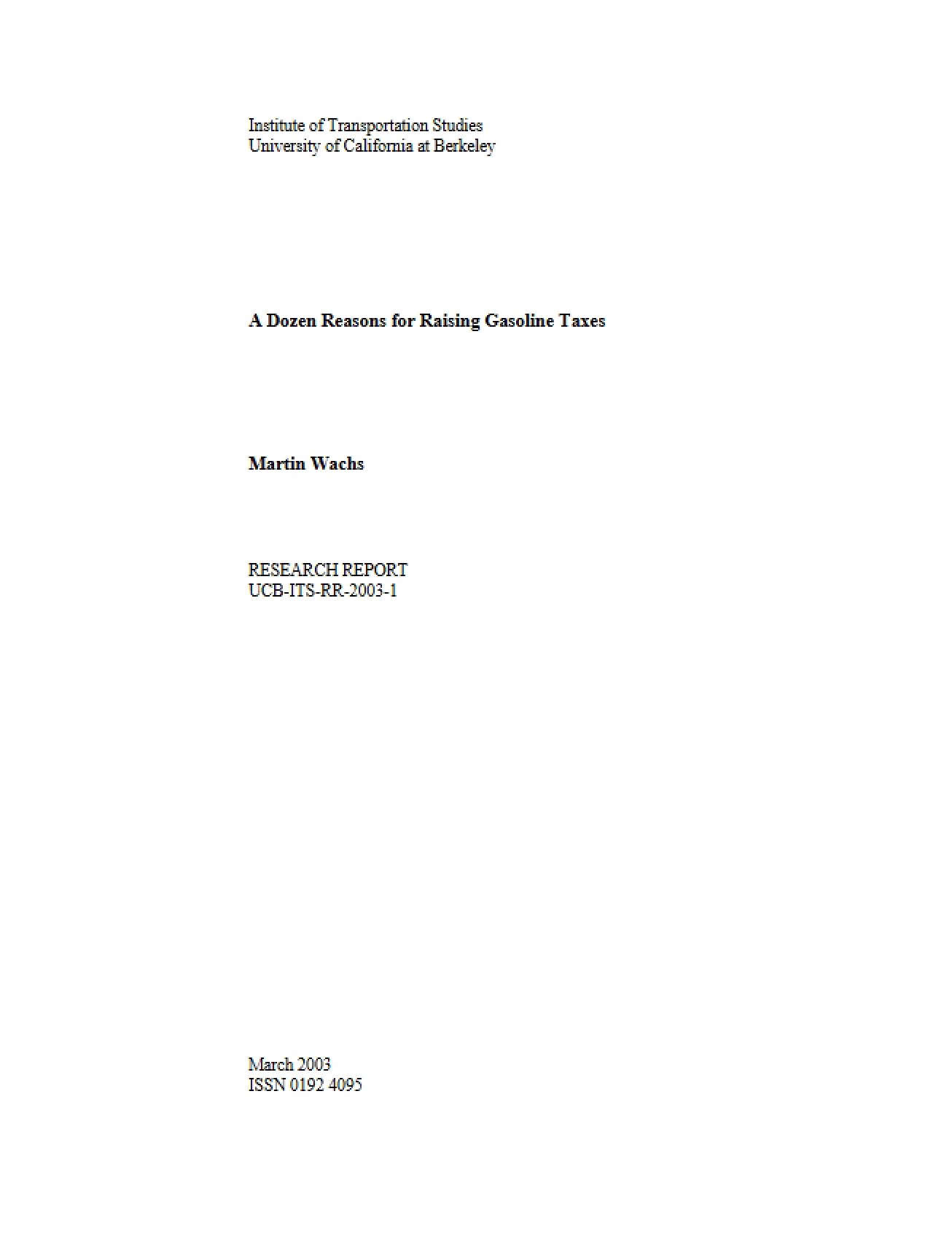 Raising Gas Taxes Twelve Reasons