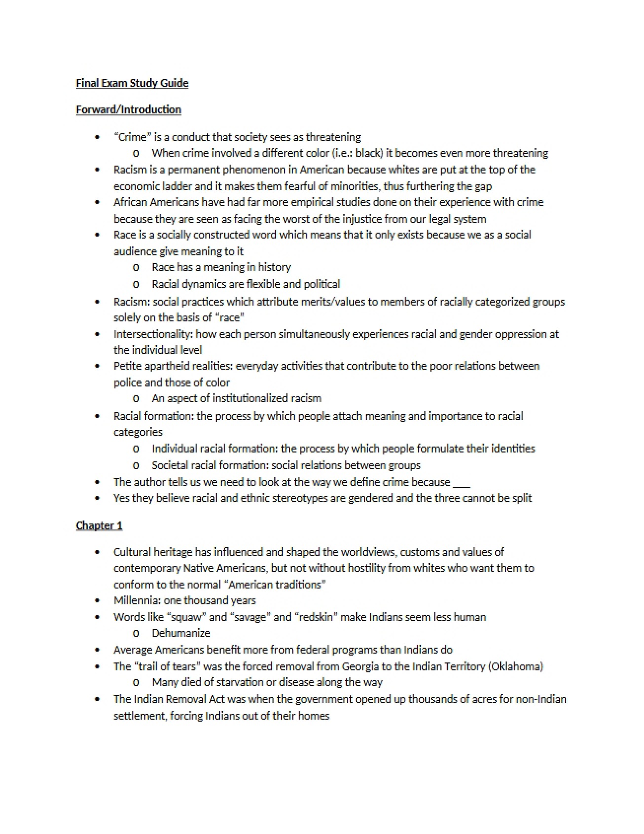 Final Examination on Minorities and Crime