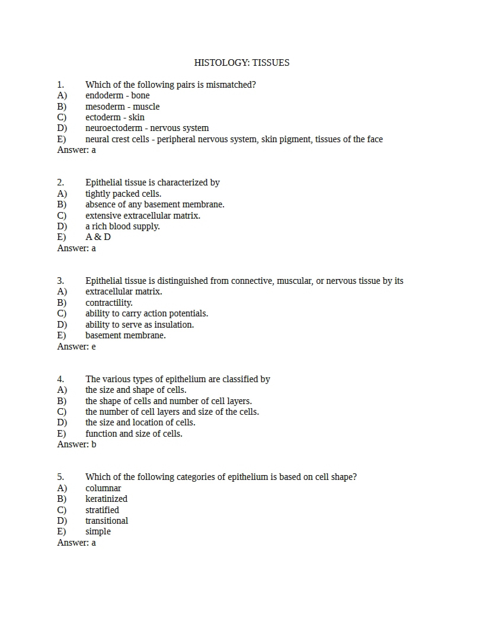 Key and Study Guide for Histology