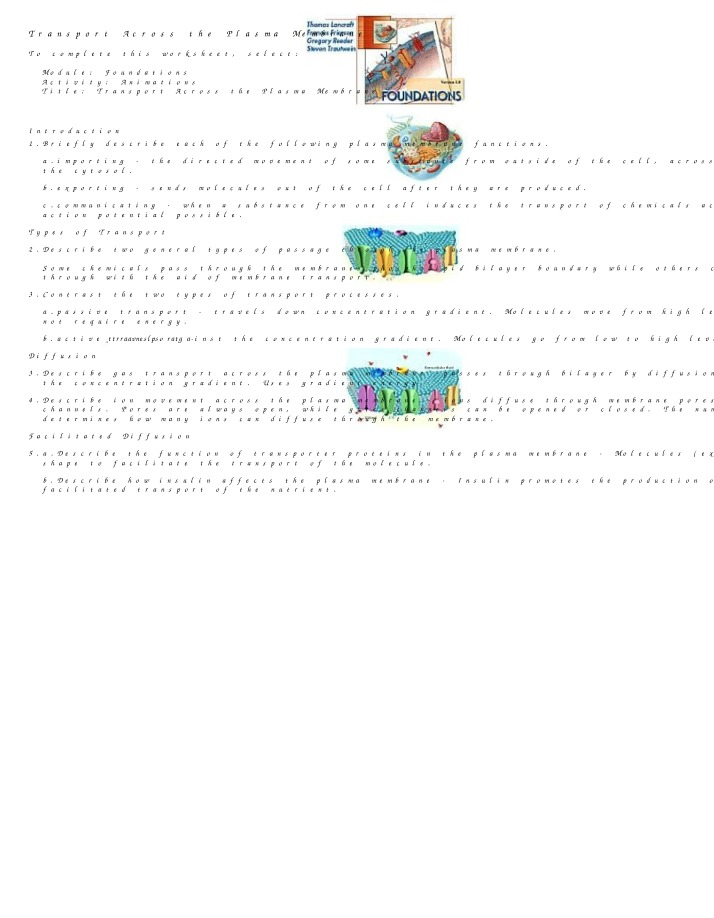 Worksheet on Transport Across the Plasma Membrane