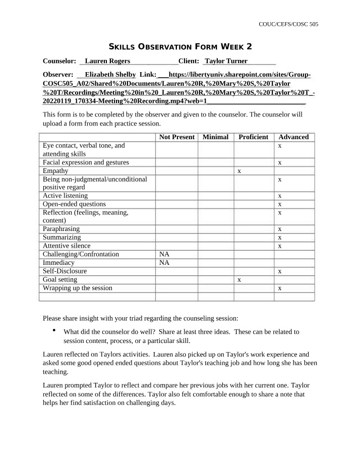 Week 2 Skills Observation