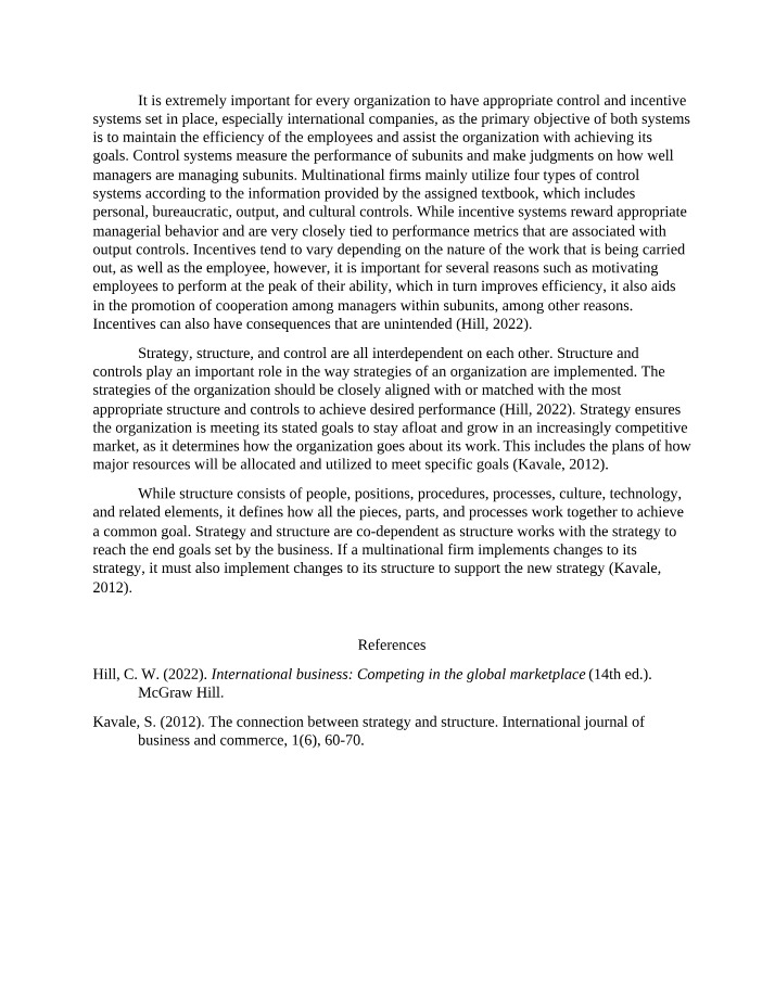Control and Incentive Systems in International Business