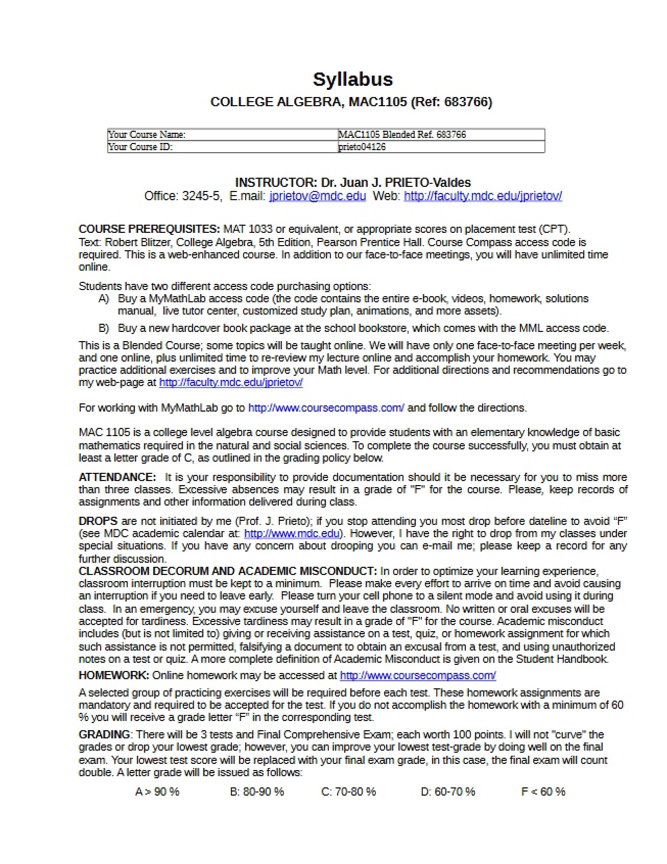 College Algebra Syllabus Document