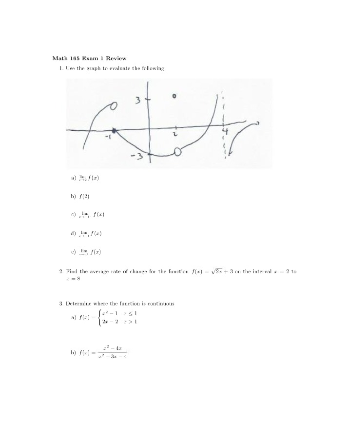 MATH 165 Exam 1 Review - Derivatives, Limits, Functions, Average Rate of Change, and Graph Evaluation