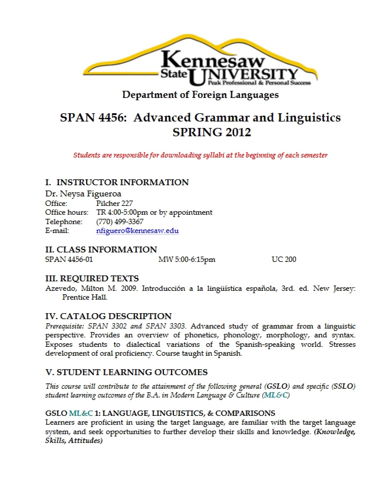 Course Outline for SPAN 4490