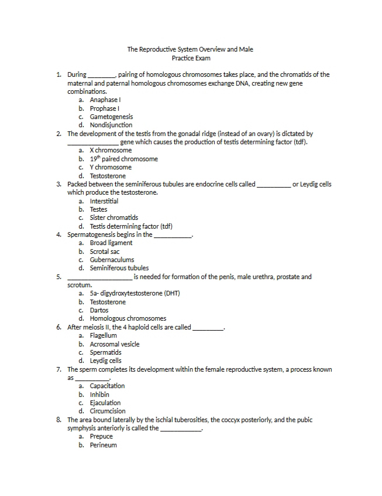 Practice Exam on Reproductive System