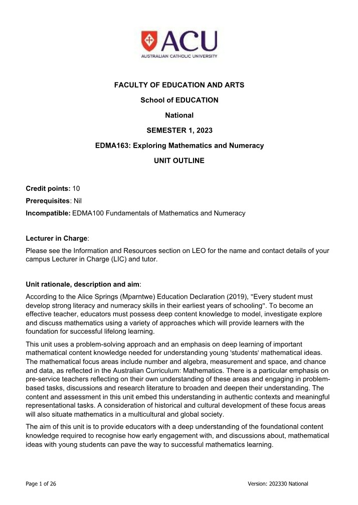 EDMA163 Unit Outline - Exploring Mathematics and Numeracy