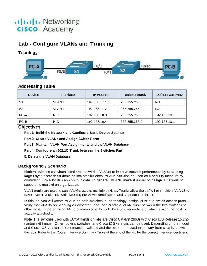 VLAN and Trunking Configuration Lab