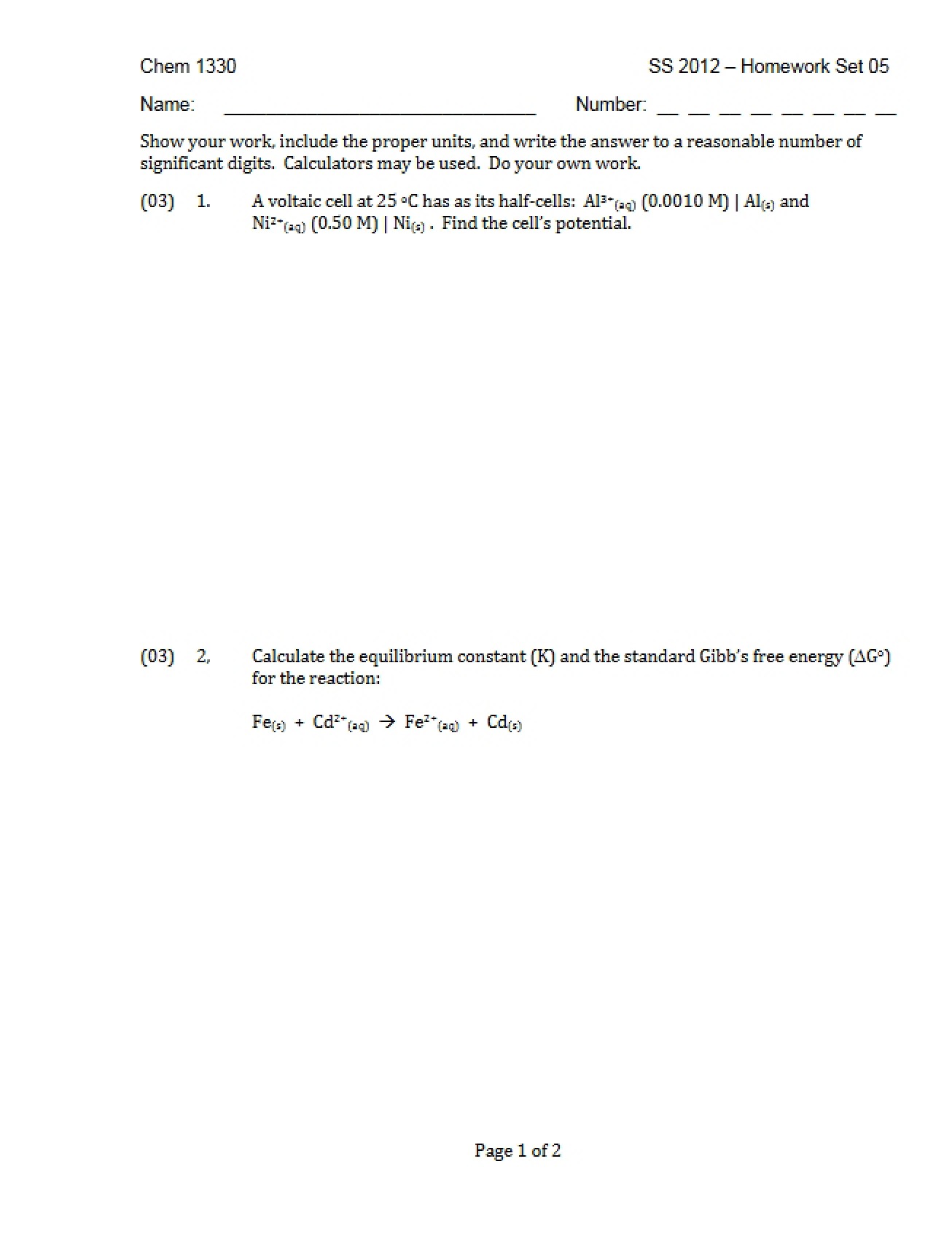 Chem 1330 Homework