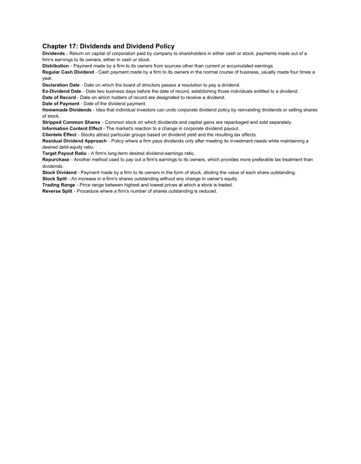 Dividends and Dividend Policy - Chapter 17