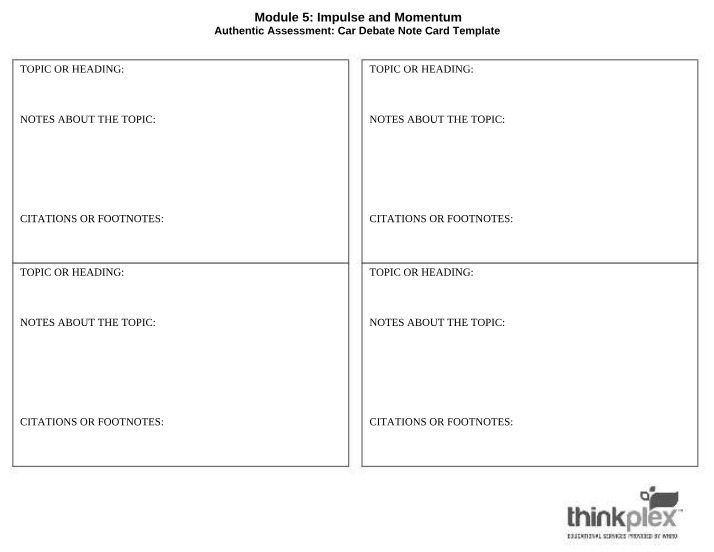 Impulse and Momentum - Car Debate Note Card Template