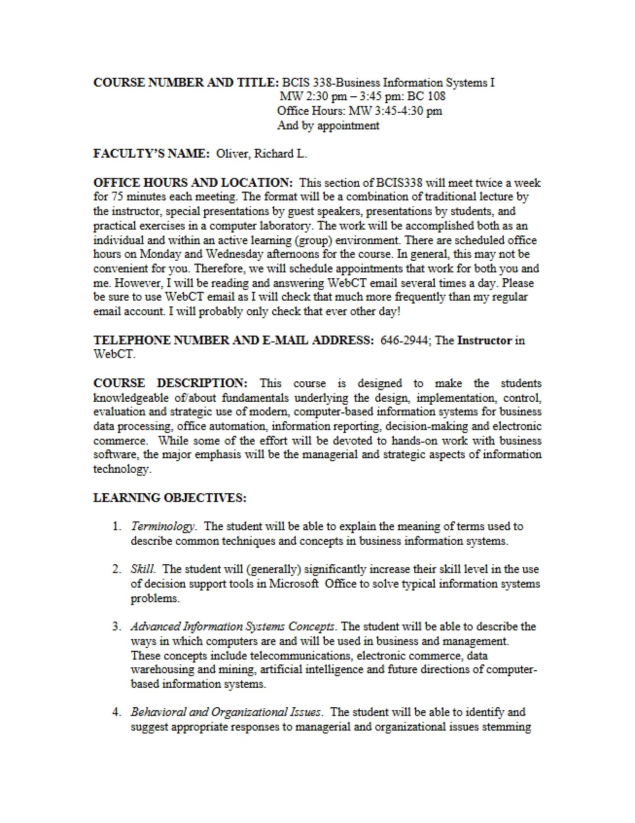 Overview of the Business Information Systems I Syllabus