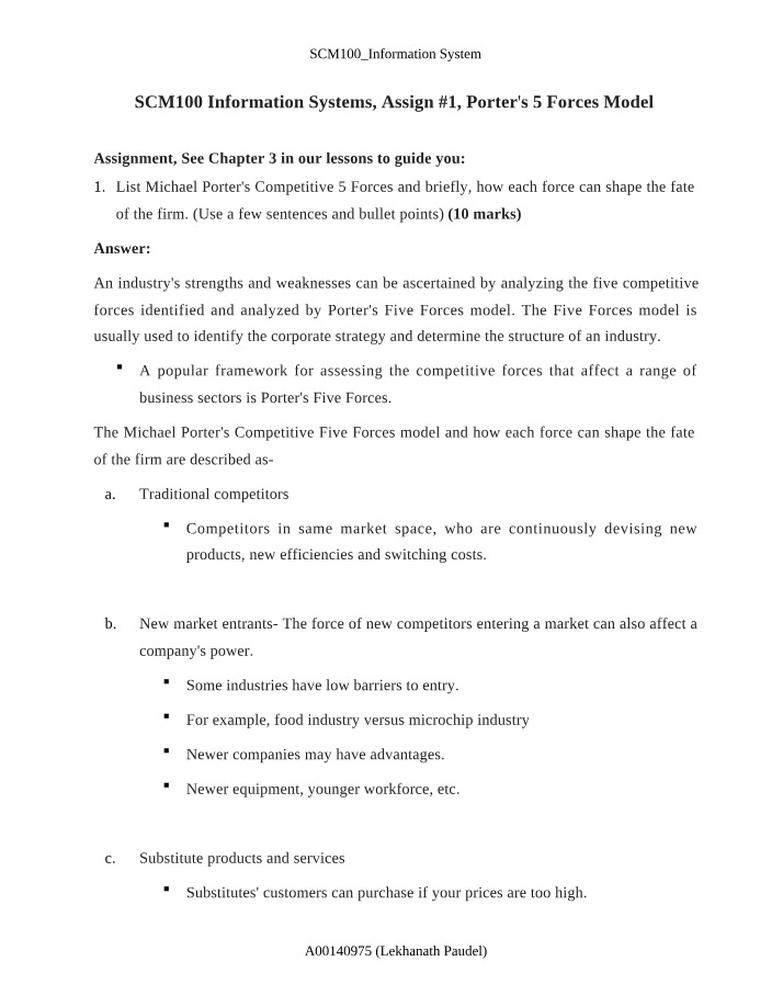 Porter's 5 Forces Model - SCM100 Assign #1