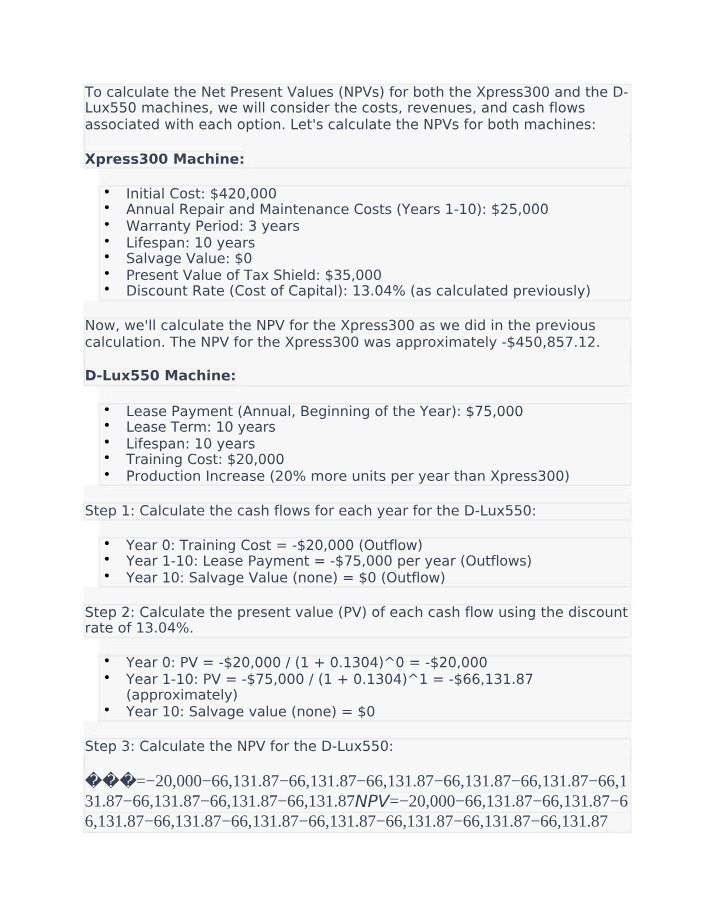NPV Calculation for DLux550 and Xpress300 Machines