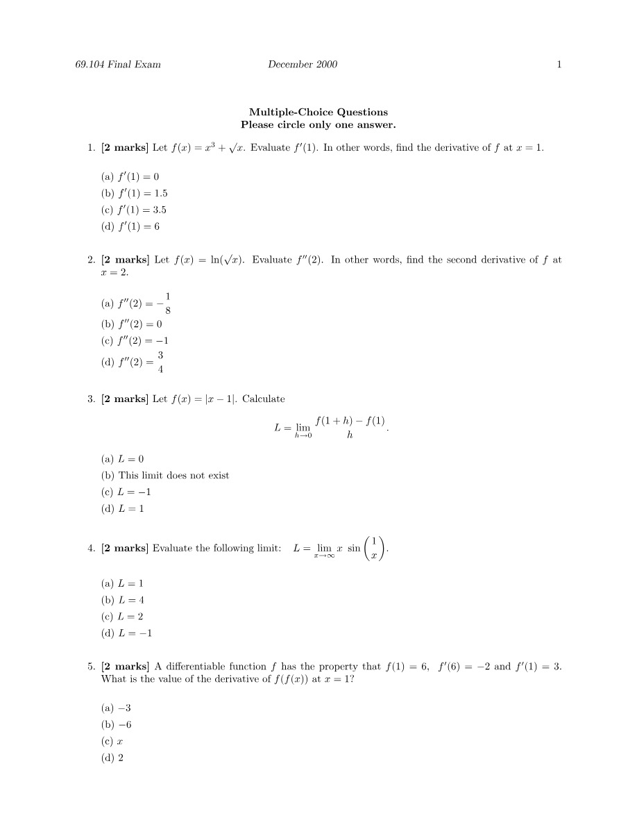 Final Exam - MATH1004 December 2000