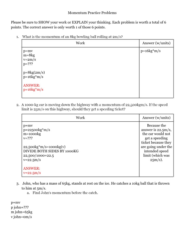 Practice Problems for Momentum