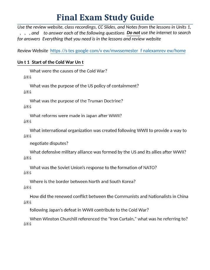 Study Guide for Final Exam