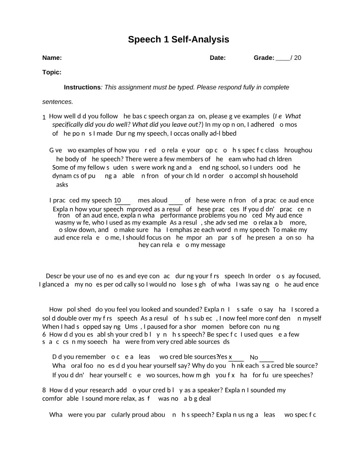 Self-Analysis Homework for Speech 1