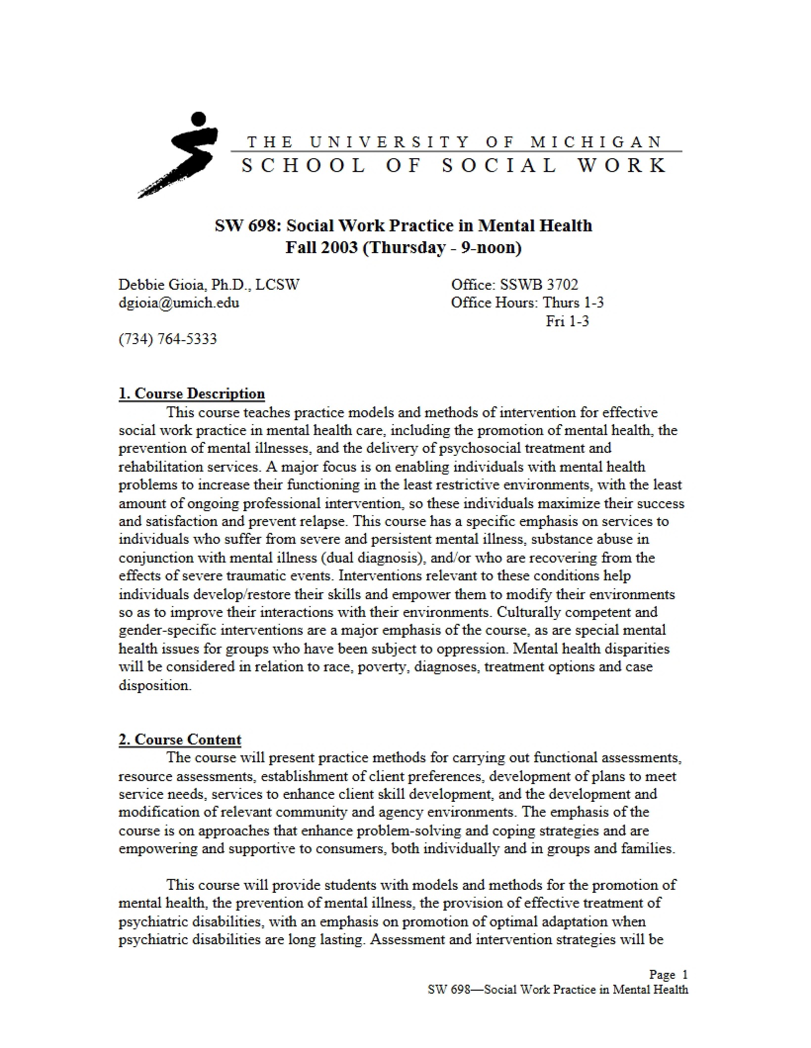 Syllabus for Mental Health Practicum