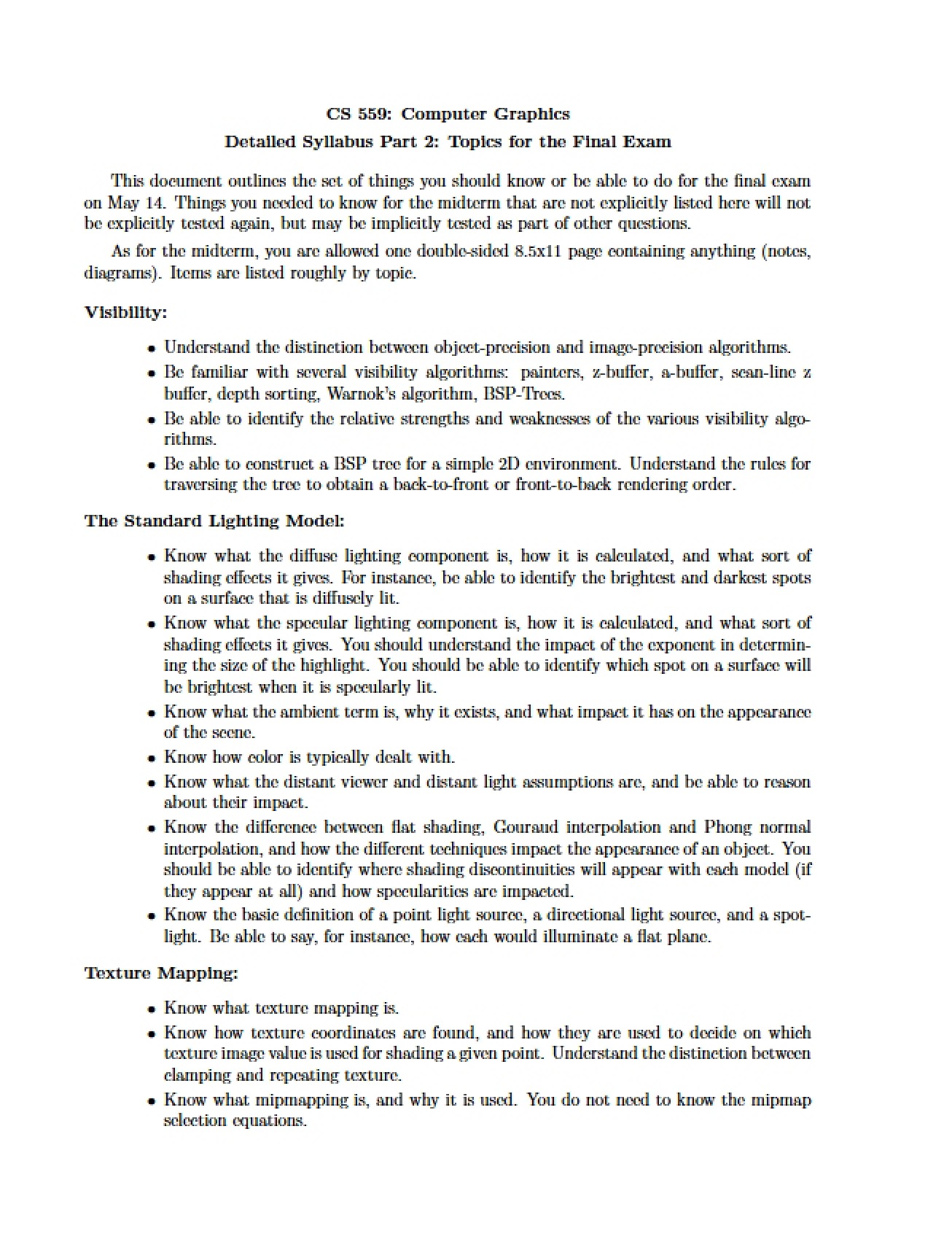 Final Exam Topics for CS 559