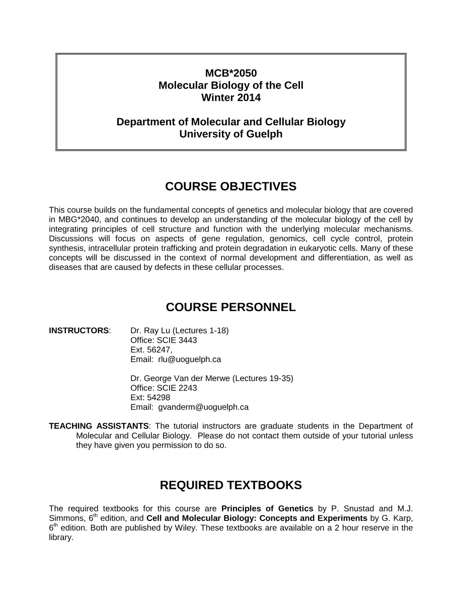 Winter 2014 Syllabus - MCB2050 Molecular Biology of the Cell