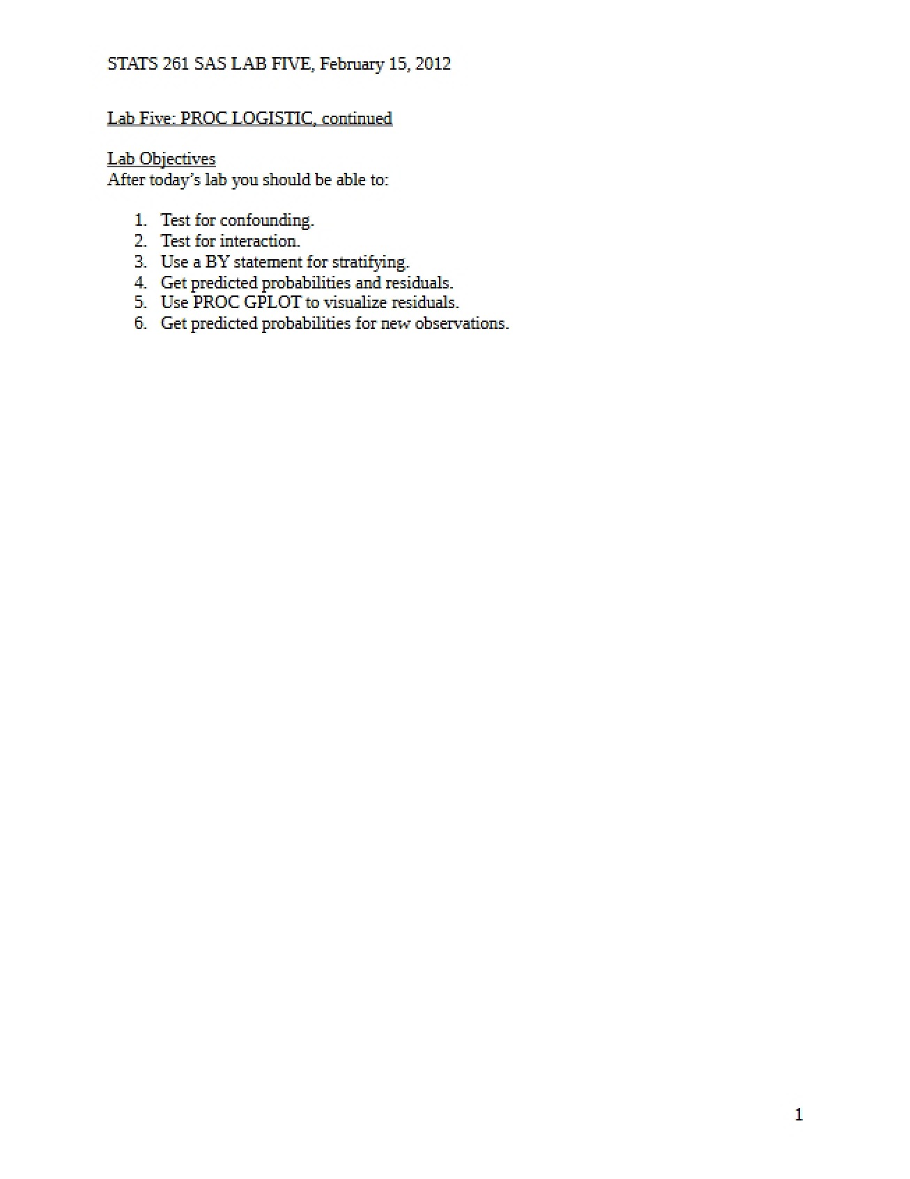 SAS Laboratory Exercise Five