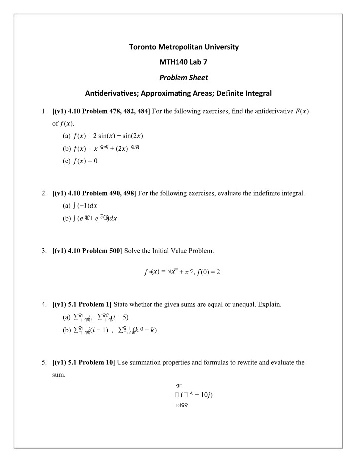 Problem Sheet for MTH 140 Lab 7