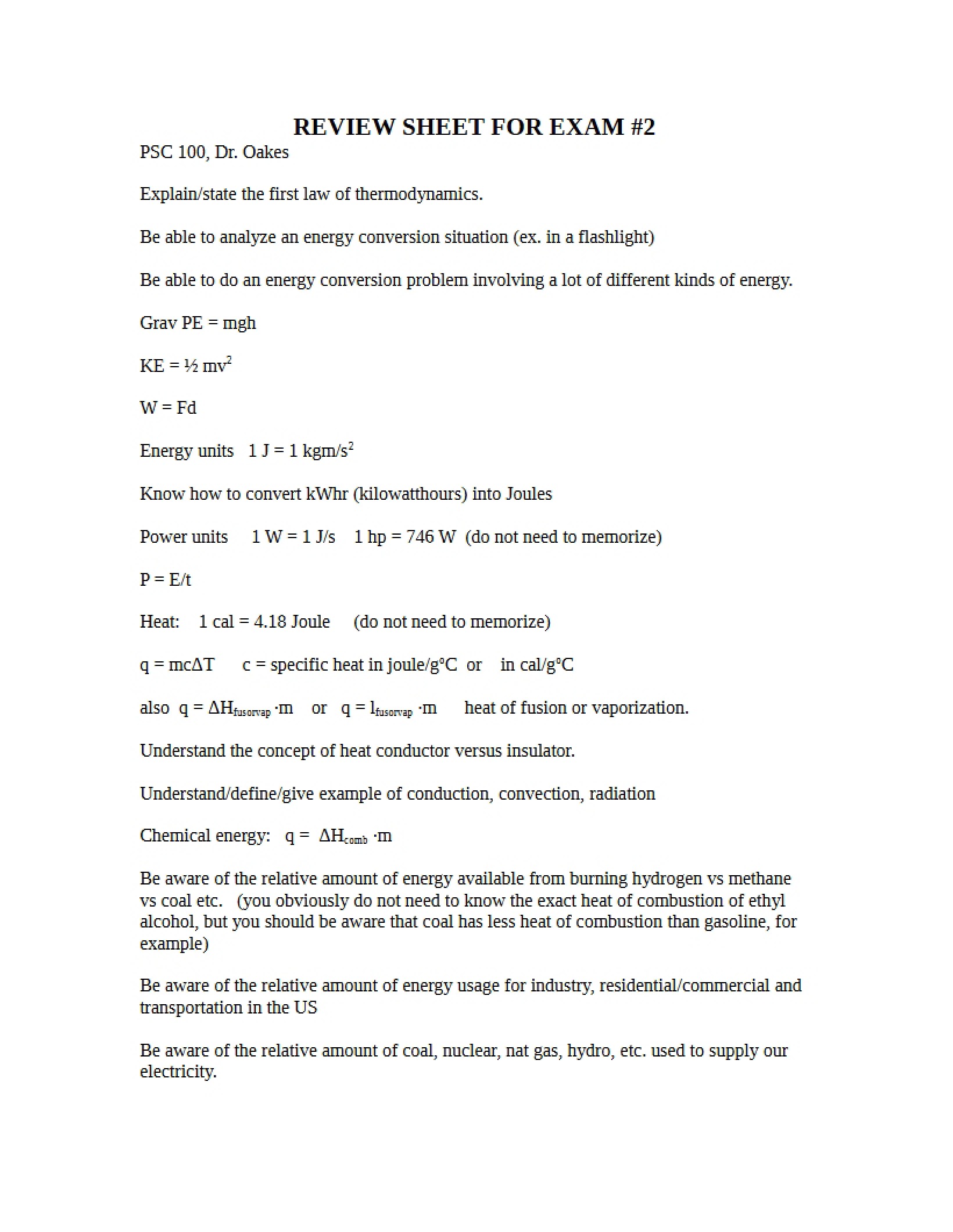 Exam 2 Preparation Sheet