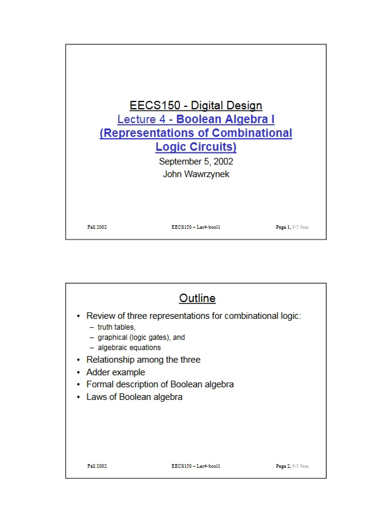 Combinational Logic Representations Boolean Algebra I