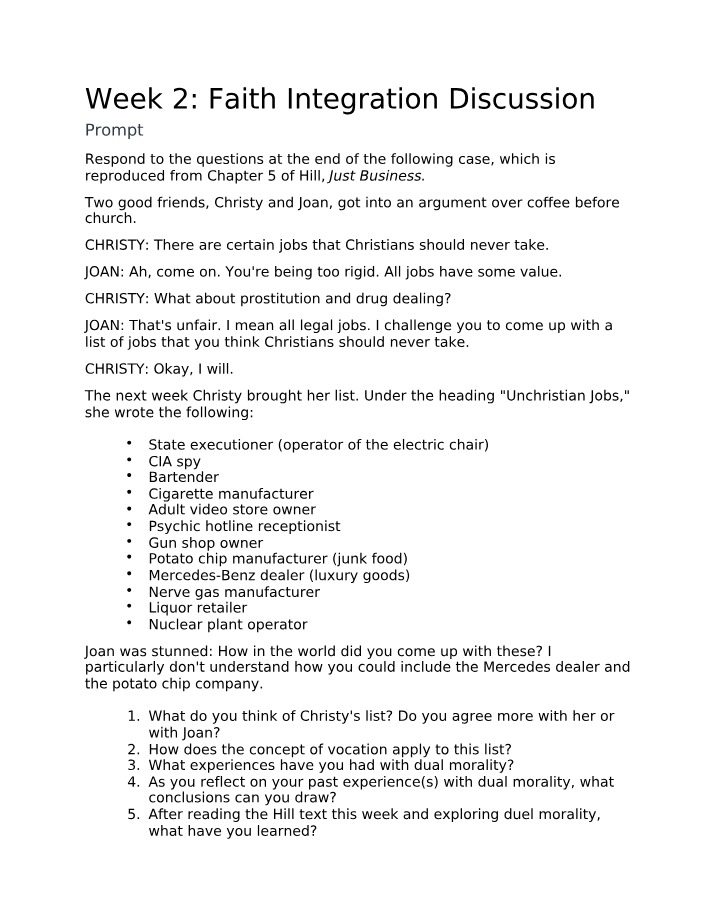 Faith Integration, Unchristian Jobs, and Ethical Dilemmas - Week 2 Discussion