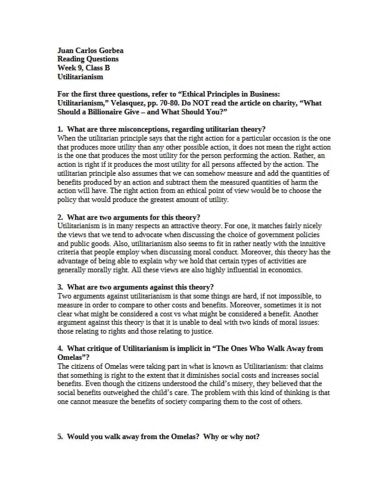 Principle of Utilitarianism in the Portico Course