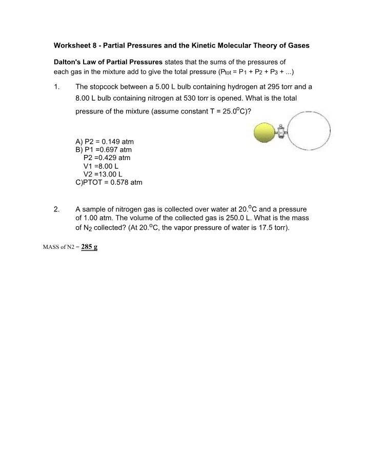 Worksheet 8 on Partial Pressures and Kinetic Molecular Theory of Gases
