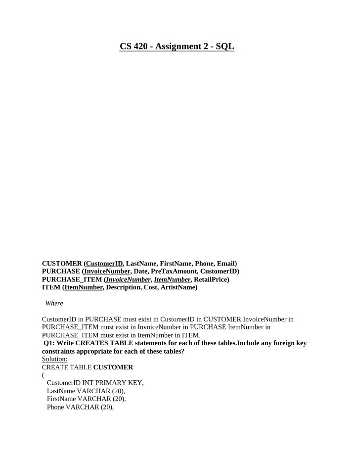CS 420 - SQL Assignment 2