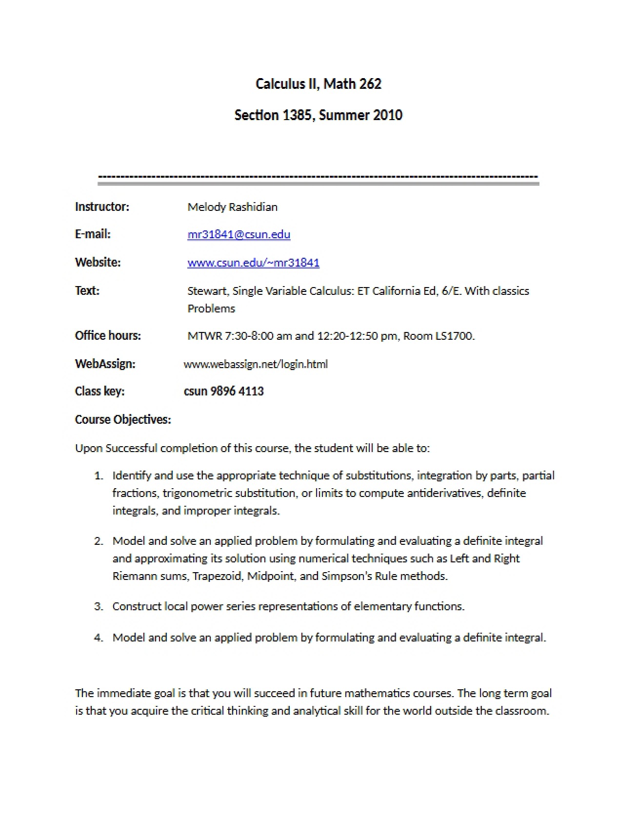 Linear Algebra Introduction Syllabus