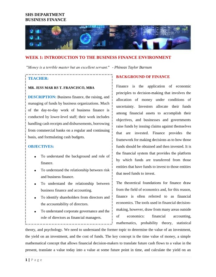 Introduction to Business Finance - Week 1