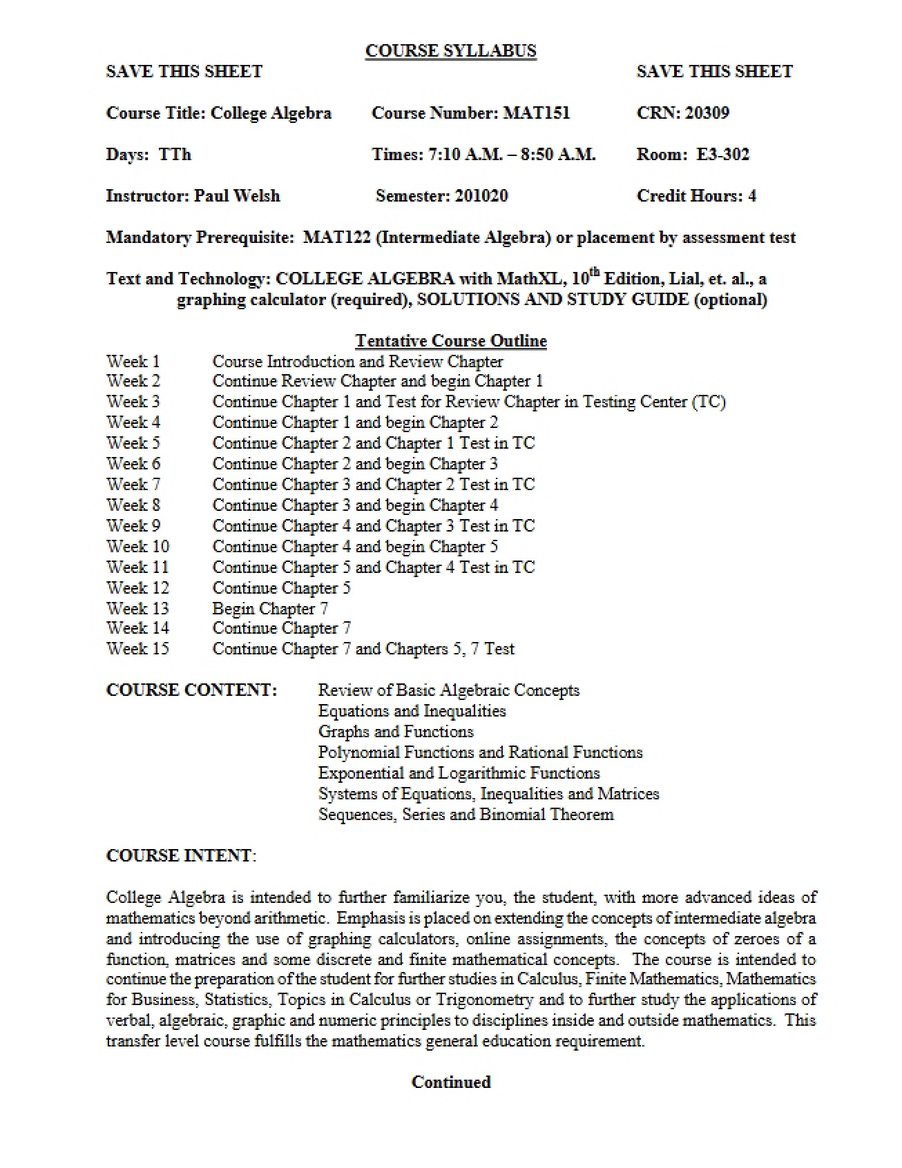 Second Syllabus for a College Algebra Course