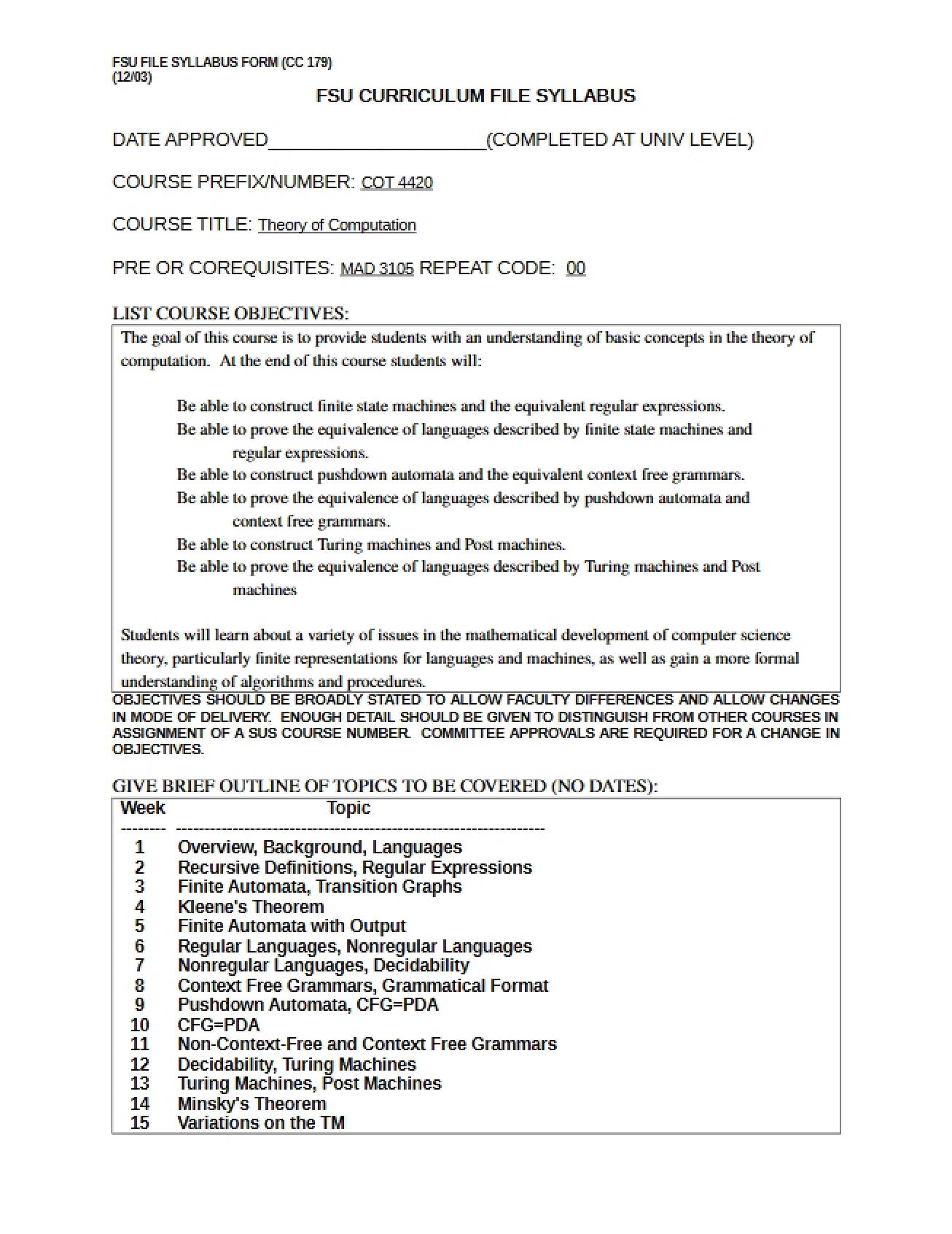 Syllabus for the Theory of Computation Course