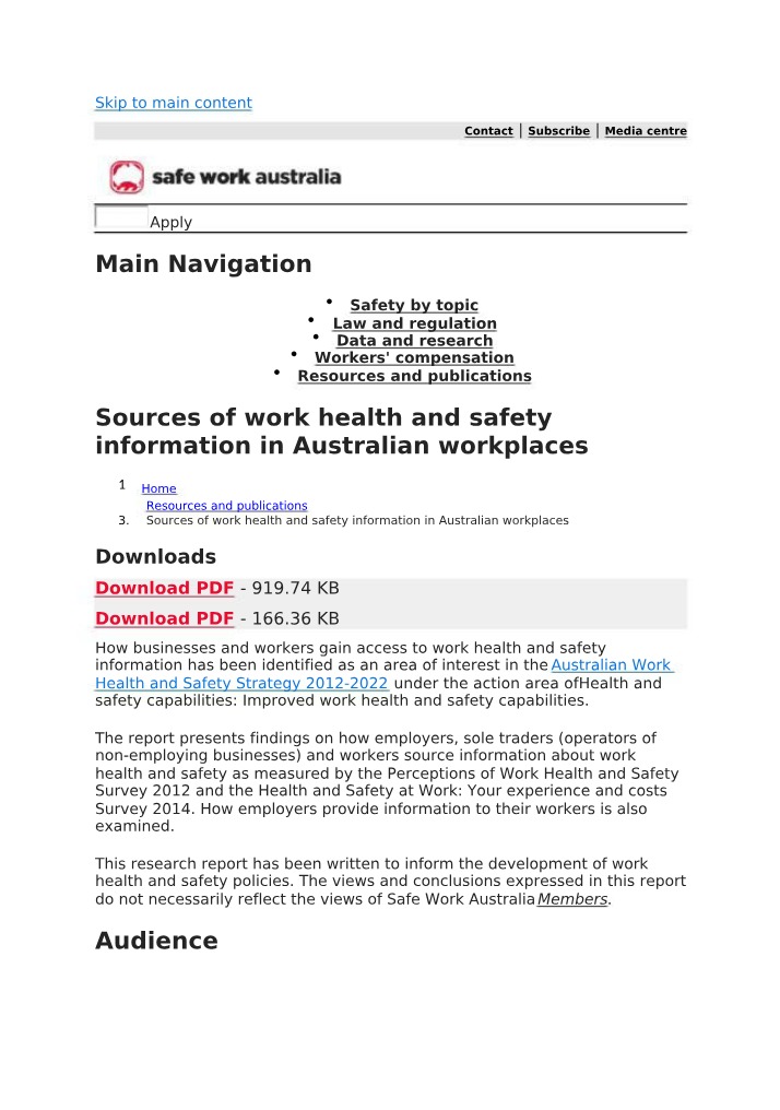 Work Health and Safety Information Sources in Australian Workplaces