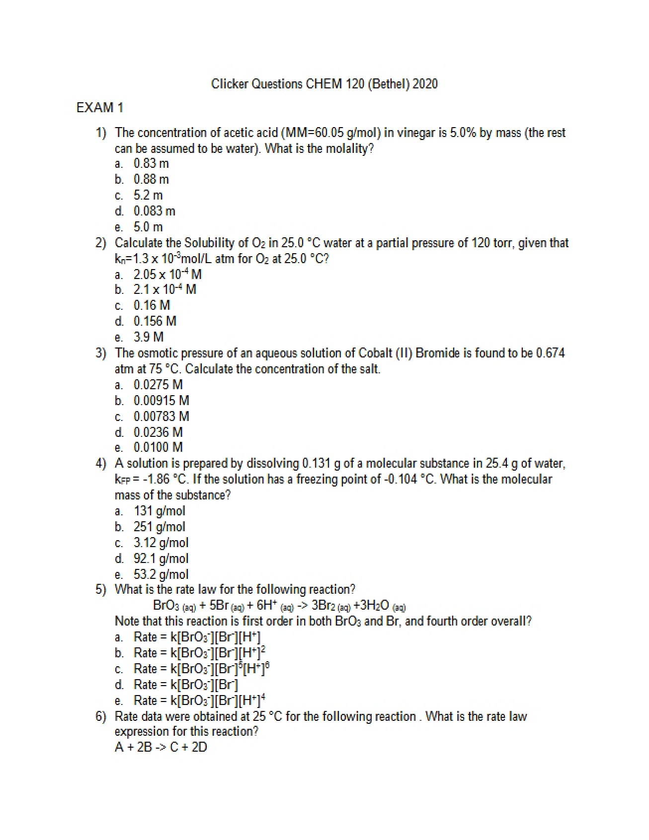 Set of Clicker Questions for Fundamentals of Chemistry II