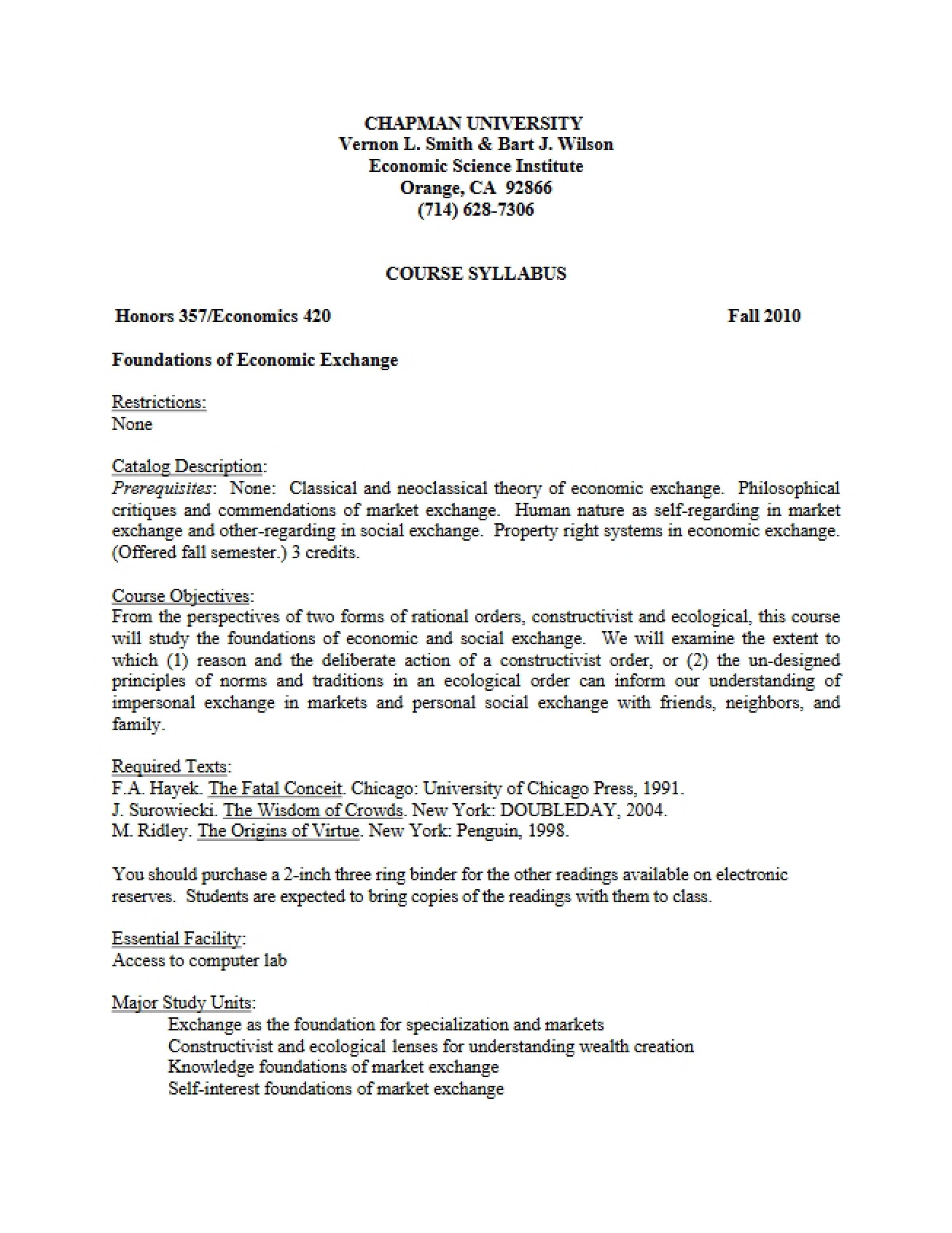 Economic Exchange Foundations Syllabus