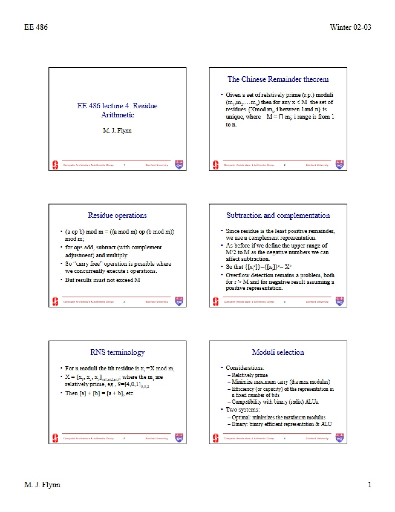Fourth Lecture Residue Arithmetic